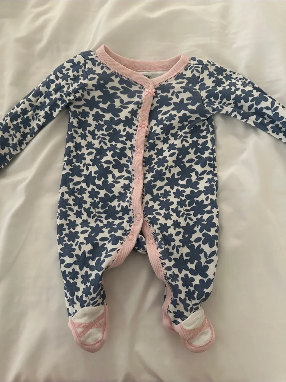 Carter's Blue Floral Footed One-Piece with Pink Trim